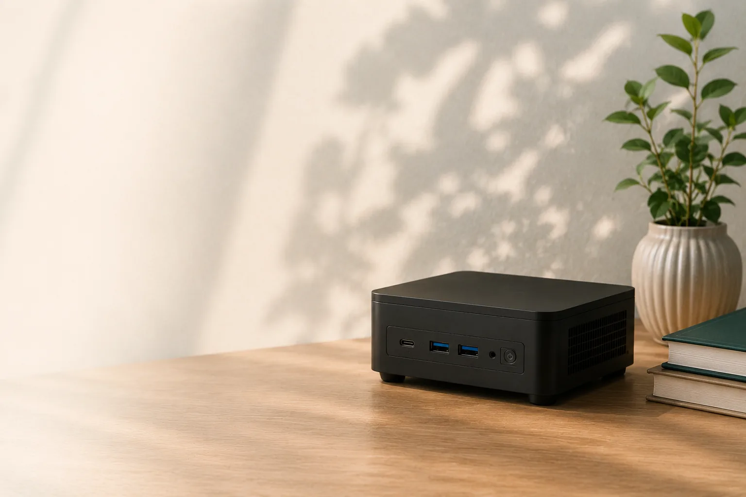 Mini PC računar na drvenom stolu pored biljke i ramova, ispred sage zelenog zida